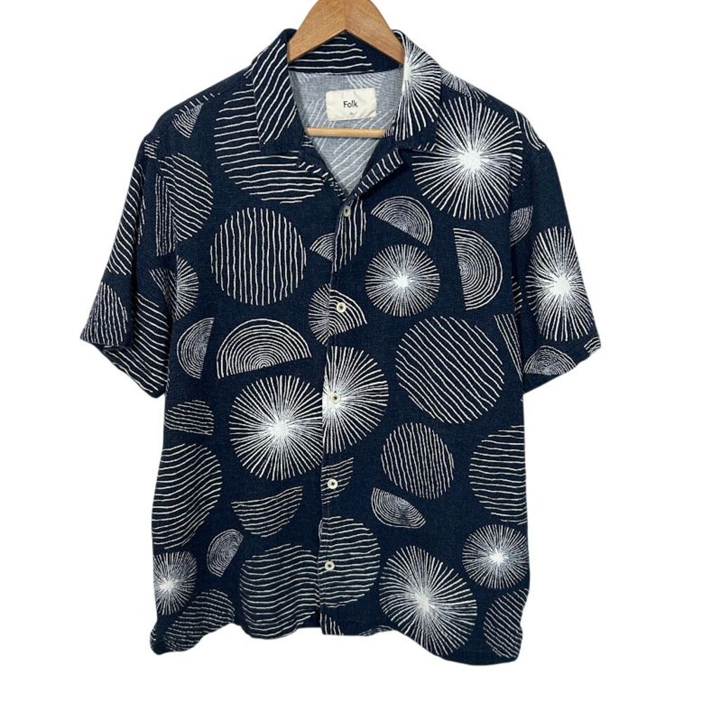 Folk Clothing Mens Cotton Button Up Shirt L Navy Blue Abstract Camp Short Sleeve